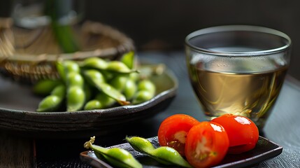 Edamame sake and tomatoes Image of Japanese food : Generative AI