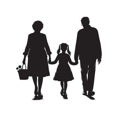 grandparents walking with granddaughter vector silhouette Illustration 