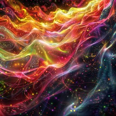 Vibrant abstract digital artwork depicting swirling energy waves and particles in a cosmic setting, with intense colors and intricate patterns creating a mesmerizing visual effect.