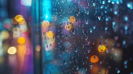 Water drops on a glass surface Window with cityscape background Rain drops : Generative AI