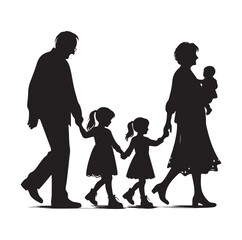 grandparents walking with granddaughter vector silhouette Illustration 