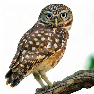 Coruja buraqueira pousada em um galho isolada em um fundo branco