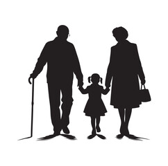 grandparents walking with granddaughter vector silhouette Illustration 