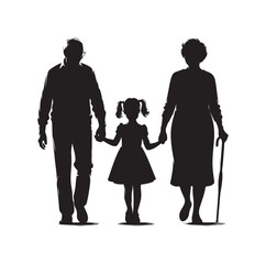 grandparents walking with granddaughter vector silhouette Illustration 