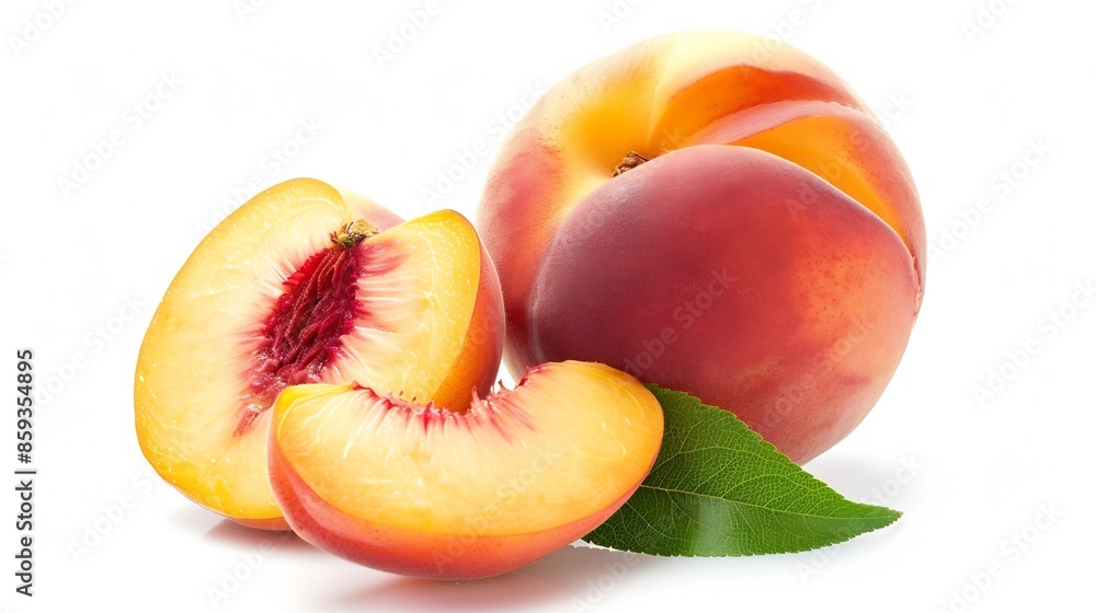 Poster Peach isolated Whole peach with a slice on white background Peach fruit with leaf and cut pieces Full depth of field : Generative AI