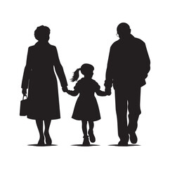grandparents walking with granddaughter vector silhouette Illustration 