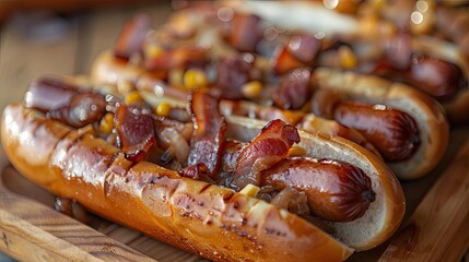 Delicious grilled hot dogs topped with crispy bacon and caramelized onions on a wooden board, perfect for a summer barbecue or gathering.