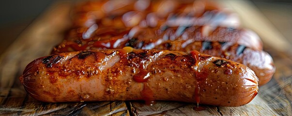 Close-up of grilled sausages with glistening texture on a wooden board, perfect for barbecue or culinary themes.