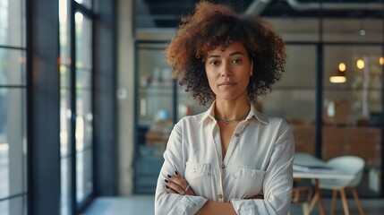Middleaged biracial female manager standing with arms crossed at office copy space : Generative AI