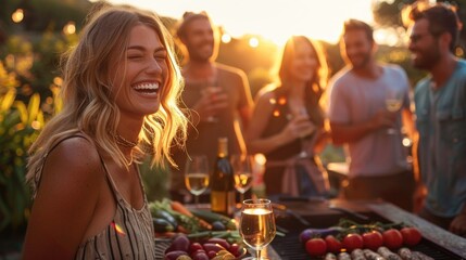 Laughing woman talking with close friend While friends drink wine together Pleasant atmosphere BBQ party Assorted vegetables and grilled meat