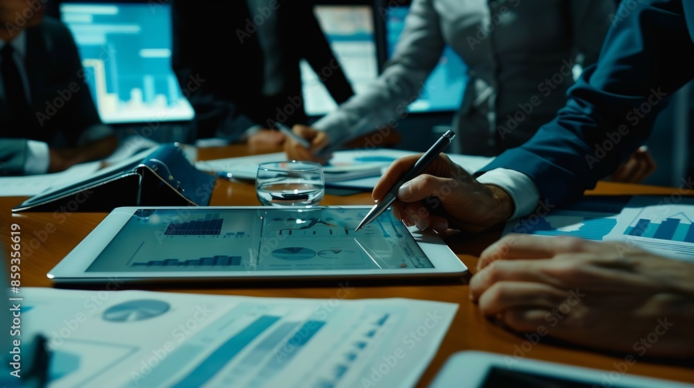 Poster Cropped shot of diverse coworkers working together in a boardroom working by digital tablet management big data analyze business discussing brainstorming analyzing strategy financial d : Generative AI
