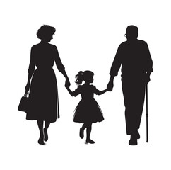 grandparents walking with granddaughter vector silhouette Illustration 
