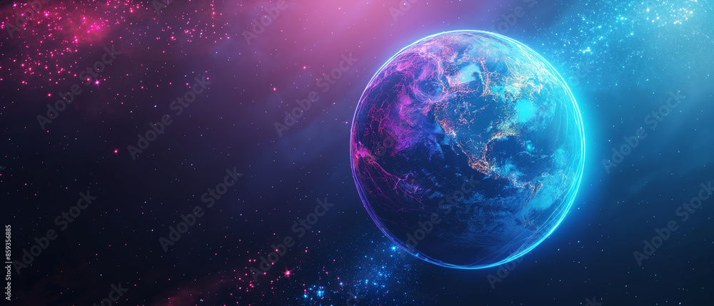 Poster earth technology and global network concept, digital data transfer on a blue gradient color backgrou