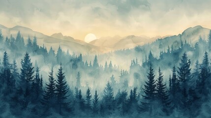 Obraz premium Misty mountain forest landscape at sunrise, serene nature scene