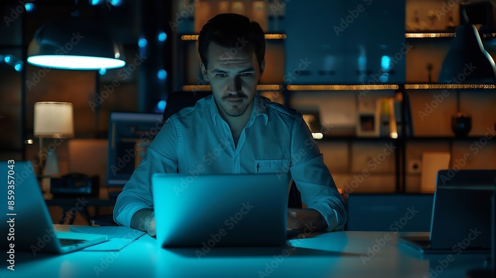 Fototapete late at night in private office male businessman works on a laptop computer he look at the camera wi
