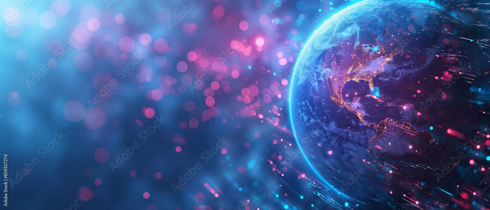 Poster drop earth, technology and global network concept, digital data transfer on a blue gradient color ba