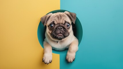 Cute pug puppy emerging from hole on colorful background