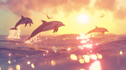 Naklejka premium Dolphins jumping in the ocean during sunset.