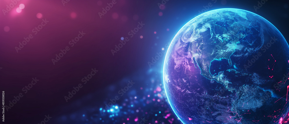 Poster earth with space, technology and global network concept, digital data transfer on a blue gradient co