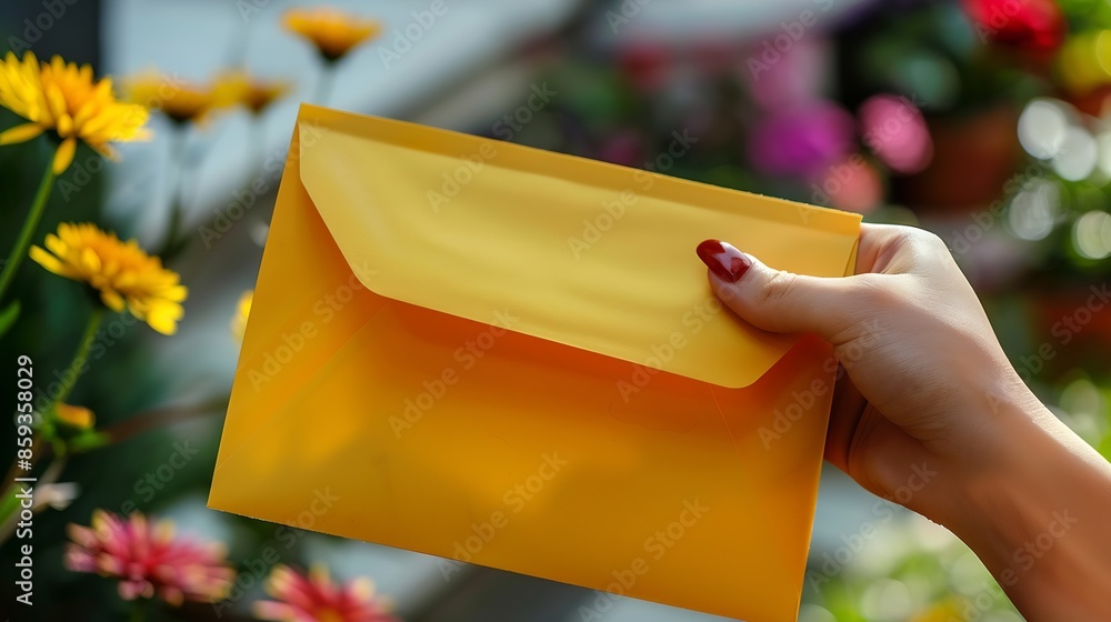 Poster woman holds a paper yellow envelope in her hand new mail message postal service the person wants to 
