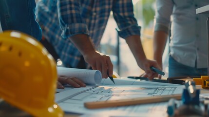 Team of engineers reviewing blueprints Sketch of a new construction project with engineering tools at office desk For improvement of house designs in mortgage rent sale real estate : Generative AI