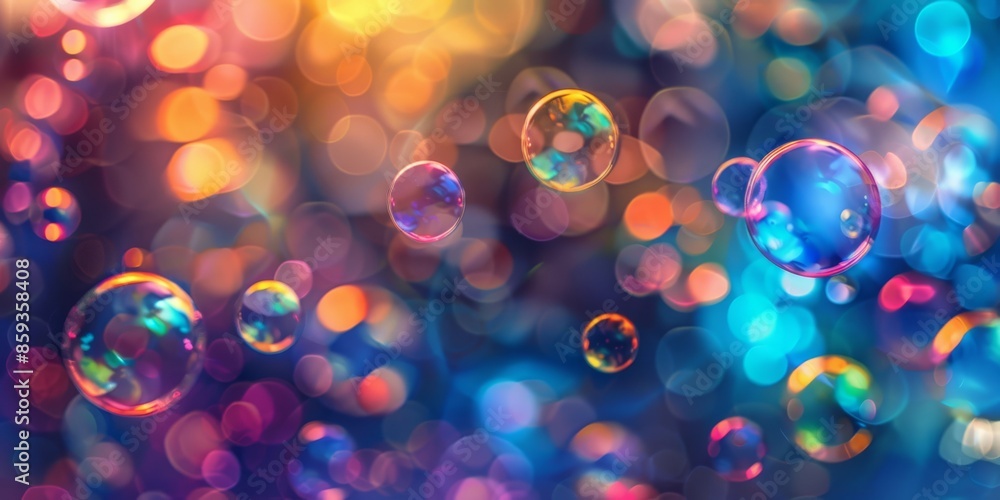Poster vibrant soap bubbles floating against a colorful, abstract, and bokeh background capturing light ref