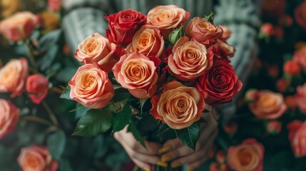 Fototapeta premium Woman's hands arranging a bouquet of roses.