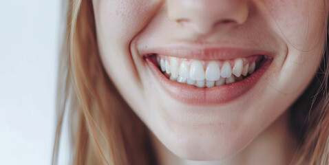 Obraz premium Bright Smile with Perfect White Teeth Close-Up: Woman with Brilliant Smile with Red Lips and White Teeth - Dental Health and Aesthetic Concepts