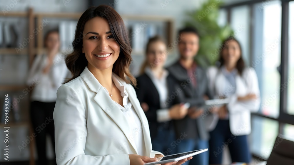 Poster smiling confident business leader looking at camera and standing in an office at team meeting portra