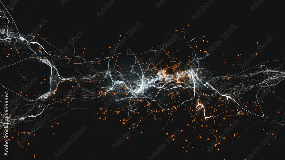 Poster abstract network of connected neurons with glowing nodes. digital artwork of abstract design of line
