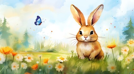 Fototapeta premium Rabbit in a Meadow A joyful bunny holding an Easter egg, standing in a meadow with wildflowers The watercolor background has a warm, sunny glow, perfect for a summer poster