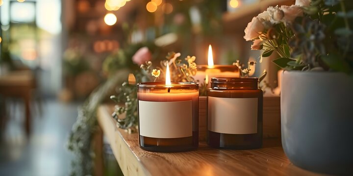Burning candles with blank labels in a florist shop Mockup design. Concept Mockup Design, Burning Candles, Blank Labels, Florist Shop, Interior Decor