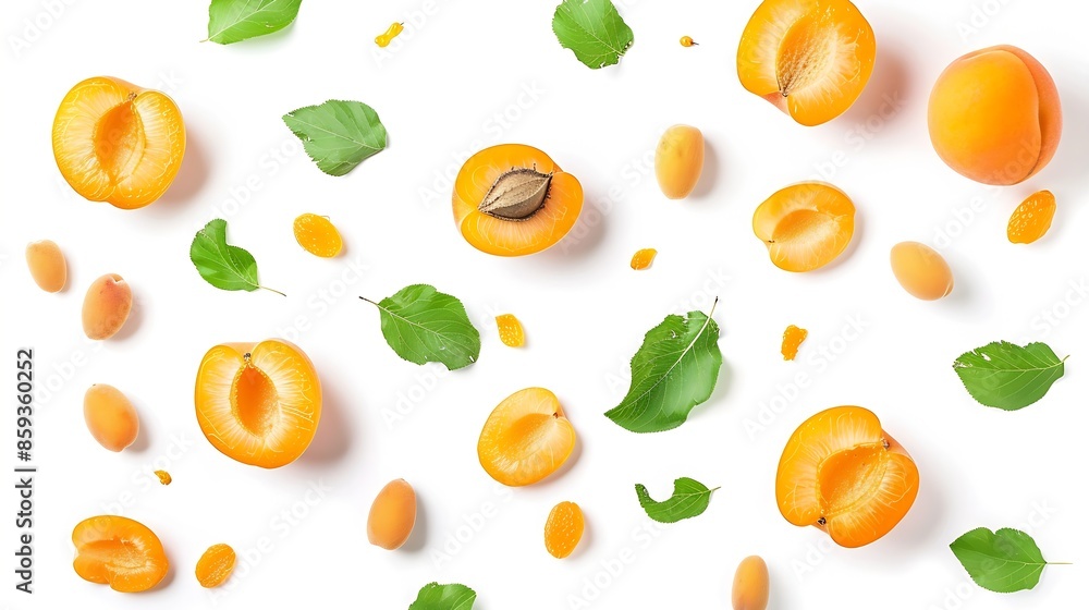 Poster collection of raw apricot fruits with pieces leaves and kernel isolated on white background : genera