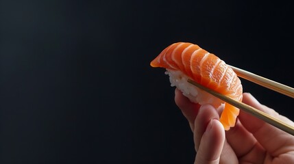 Hand holding Salmon sushi with chopsticks on black background Japanese food concept : Generative AI