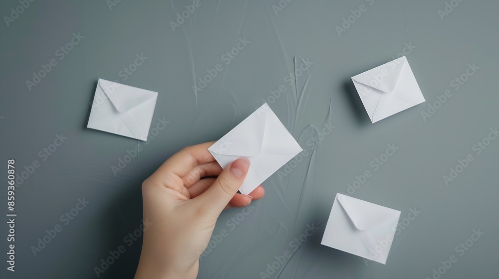 Aufkleber Dolls hand takes White notification message mail envelopes on gray background Creative minimalism layout : Generative AI
