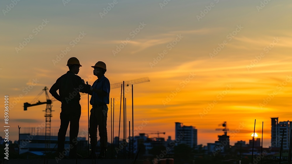 Poster Silhouette of Engineer and foreman worker checking project at building site construction site blurred sunset in evening time background : Generative AI