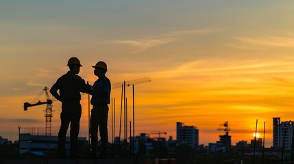 Fototapeta premium Silhouette of Engineer and foreman worker checking project at building site construction site blurred sunset in evening time background : Generative AI