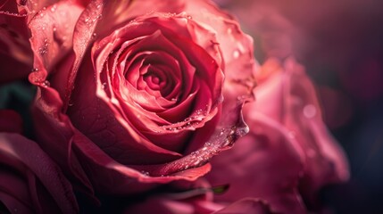 Fototapeta premium Detailed close up view of pink rose symbolizing love vibrant in color with selective focus vertical orientation