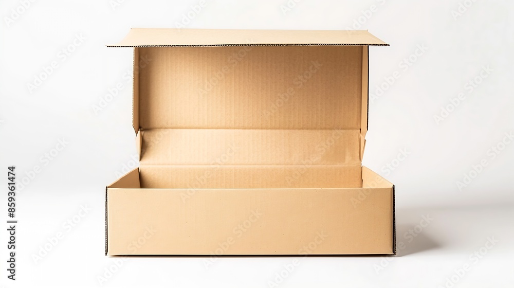Poster open used corrugated cardboard box used in packaging isolated on white background blank carton mocku