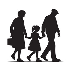 grandparents walking with granddaughter vector silhouette Illustration 