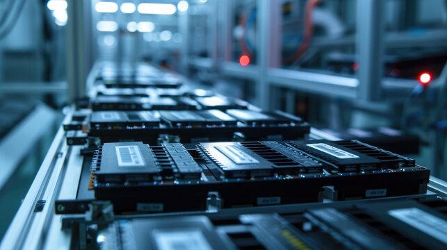 Detailed view of battery pack labels and branding being applied on the assembly line. Battery Pack Manufacturing Process