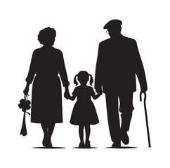 grandparents walking with granddaughter vector silhouette Illustration