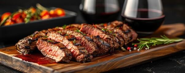 Grilled steak with vegetables and wine on a wooden board, perfect for a gourmet dining experience and food photography lovers.