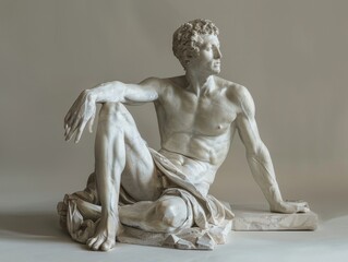 Realistic marble sculpture of seated male, detailed body and clothing. Colors are sage and pine green.