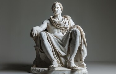 Detailed marble statue of a seated man showing defined muscles and flowing drapery.