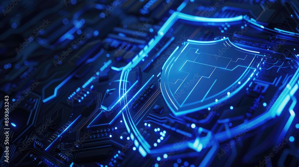 Poster glowing blue digital shield with high-tech elements, emphasizing cyber security and data protection