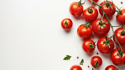 Tomatoes displayed against a white background with space for text