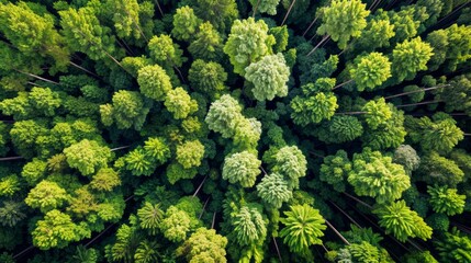 Fototapeta premium Lush forest canopy, aerial view, summer, bright daylight, vivid greens