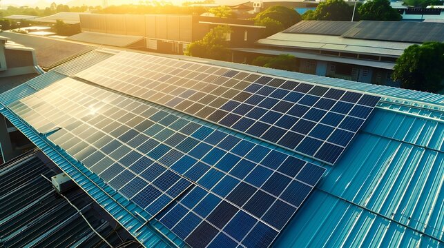 Solar Panels on Warehouse Factory Solar photo voltaic panels system power or Solar Cell on industrial building roof for producing green ecological electricity Production of renewable e : Generative AI
