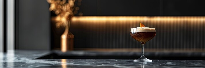 A low-angle photograph of an Espresso Martini served in a crystal glass with a citrus garnish. The drink is positioned against a sleek, black bar backdrop with soft, warm lighting